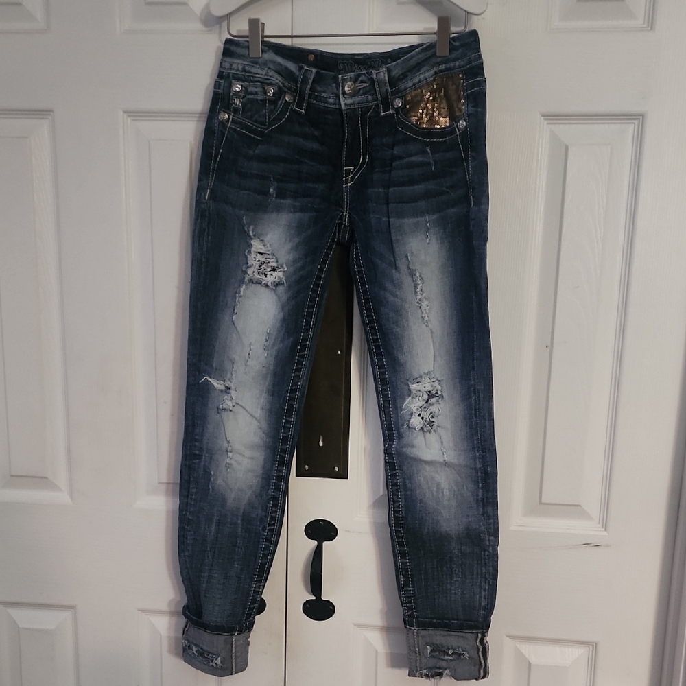 Miss Me Distressed Signature Rise Cuffed Skinny Blue Jeans Size: 27 - Picture 3 of 13
